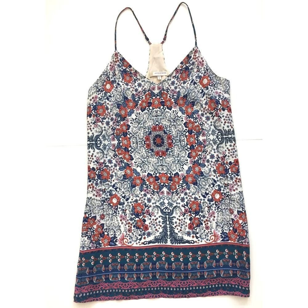 Lavender Brown Boho Paisley Print V Neck Spaghetti Strap Mini Dress Women Size S